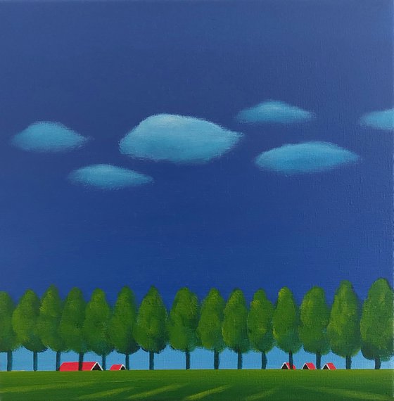 Dike with trees, floating clouds