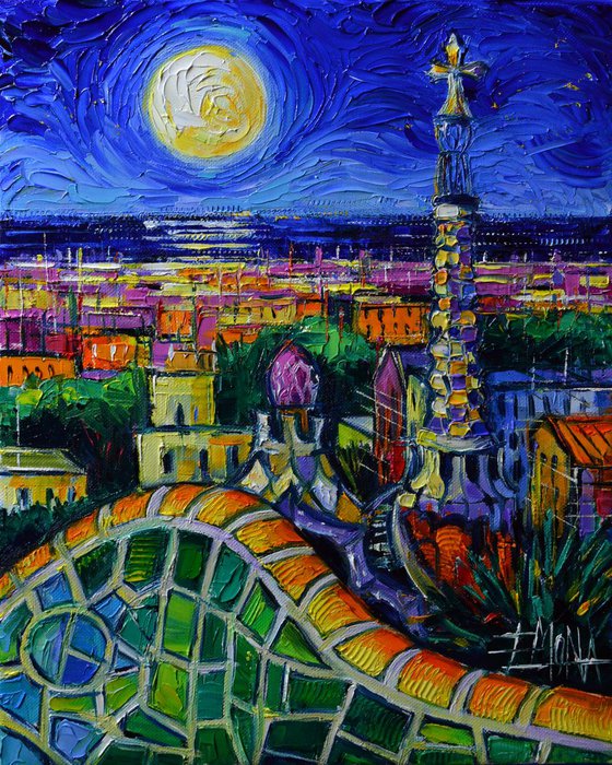 BARCELONA NIGHTSCAPE 24x30cm original impasto oil painting stylized cityscape Mona Edulesco