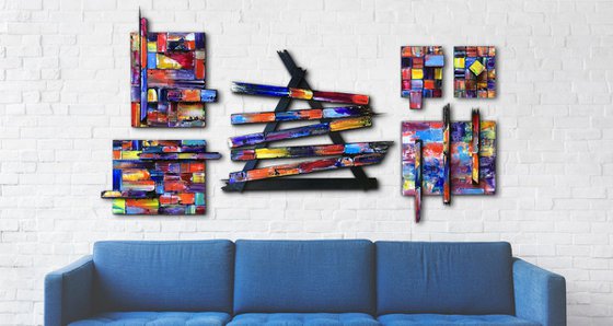 "What's He Building In There?" - FREE USA SHIPPING + Save As A Series - Original Polyptych PMS Mixed Media Sculptural Paintings On Wood and Wood Fragments - 79 x 42 inches