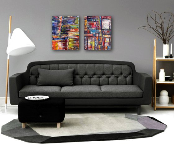 "Keep Your Distance" - FREE USA SHIPPING + Save As A Series - Original PMS Abstract Diptych Oil Paintings On Canvas - 32" x 20"