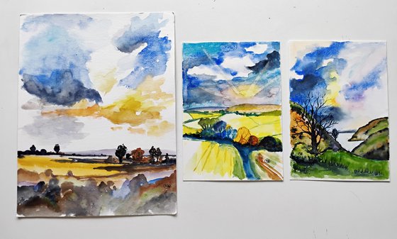 Three landscape watercolour paintings