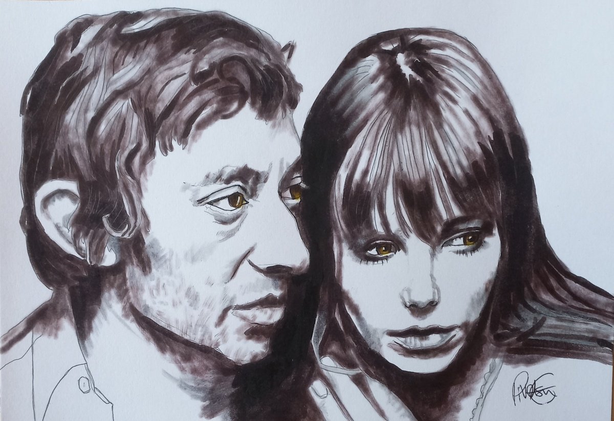 Expressive Portrait Pencil Drawing By Paul Nelson-Esch, 12 X 8", Serge Gainsbourg & Jane Birkin, Original Artwork