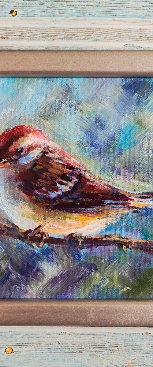 Small ready to hang painting of sparrow by Anastasia Art Line