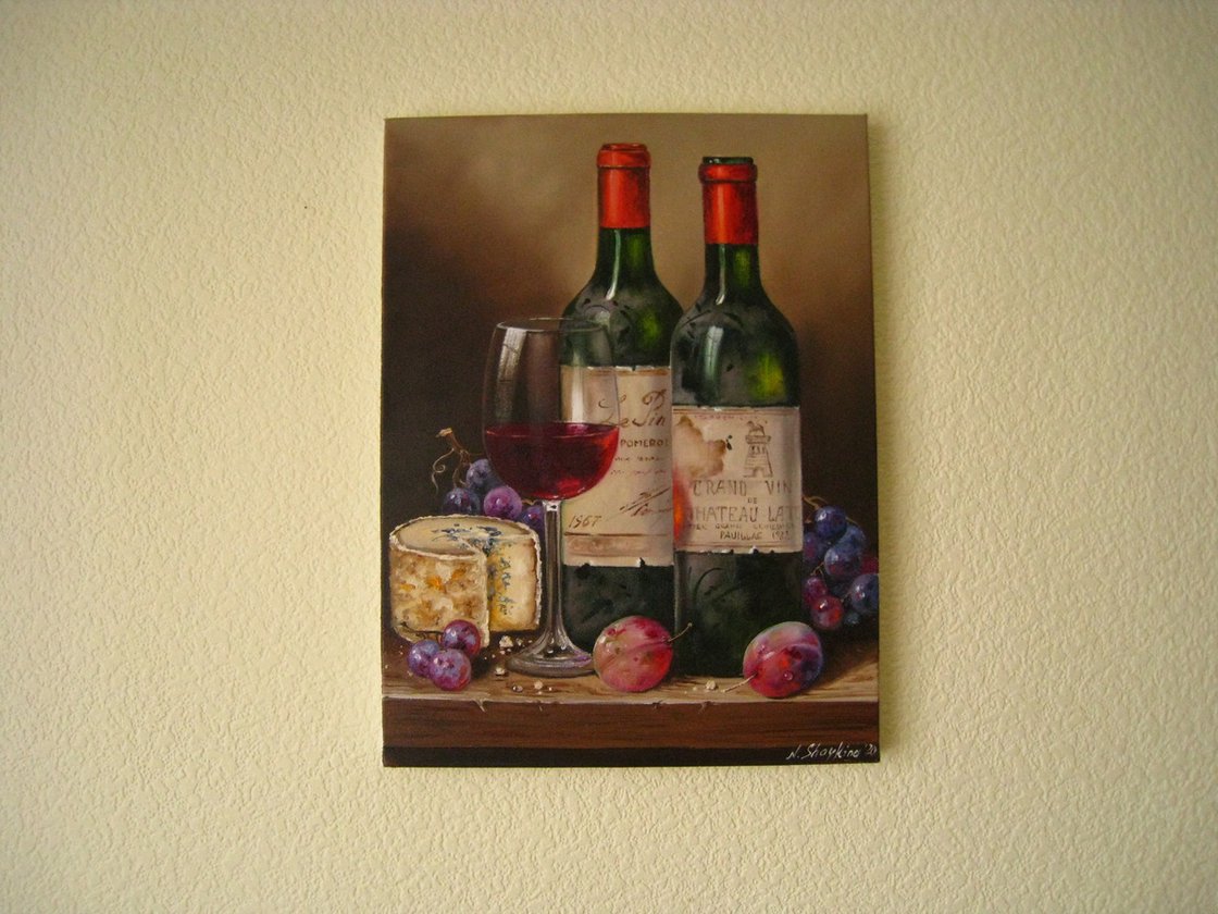 Classical Still Life Wine Glass and Bottle Hand-painted Oil