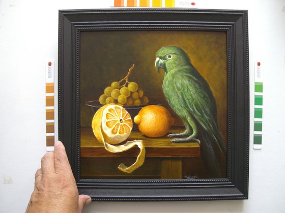 Peeled lemon with parrot