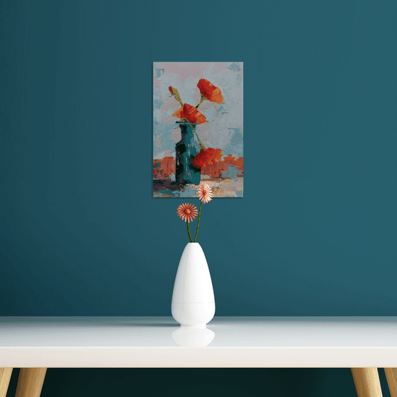 Modern still life painting. Flowers in vase. Red poppy flowers