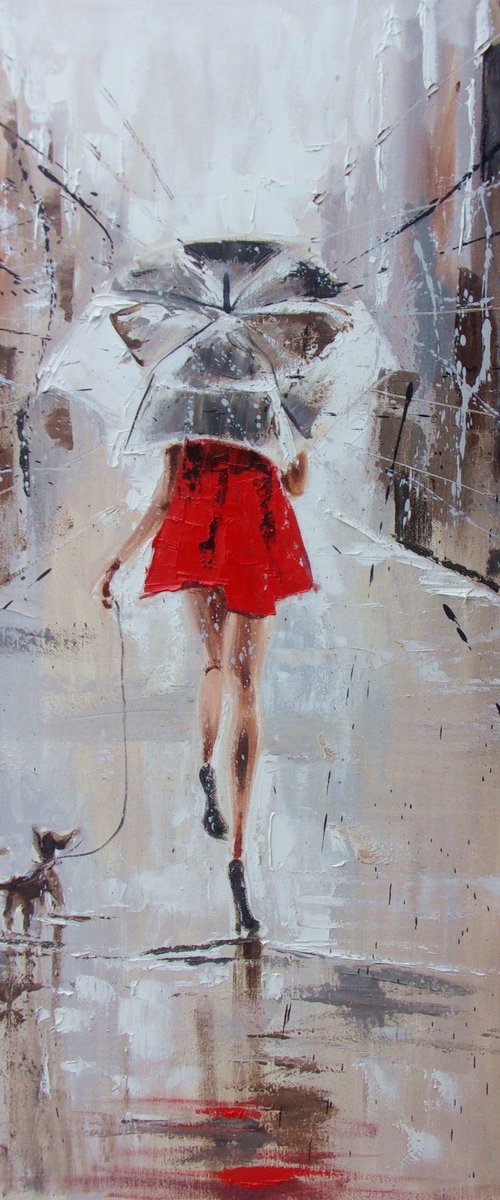 " SRING STREET IN THE RAIN WITH UMBRELLA" by Monika Luniak