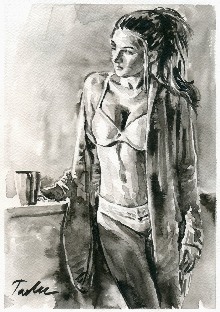 Urban And Pop Portrait Ink Drawing By Tashe, 8 X 12", Waiting For You, Original Artwork