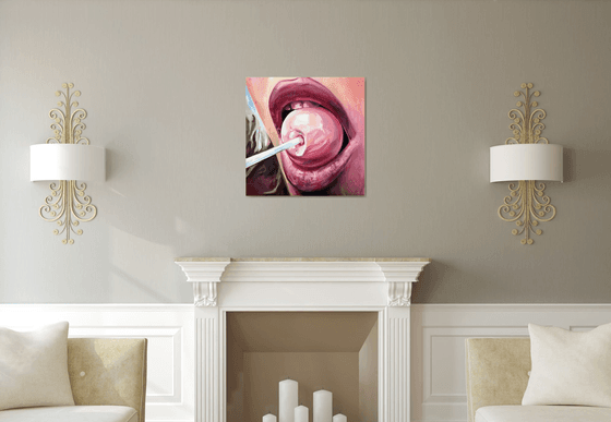 CHUPA CHUPS - original oil painting, pink, lips, gift, home decor, office decor, wall art,