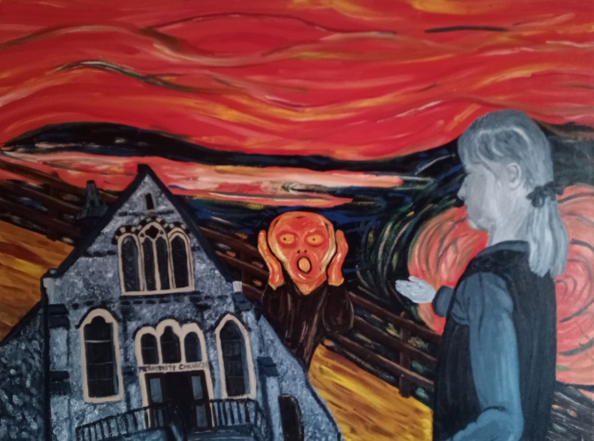 Naive Landscape Oil Painting By Corinne Hamer, 32 X 24, The Scream And The Young Girl, Original Artwork