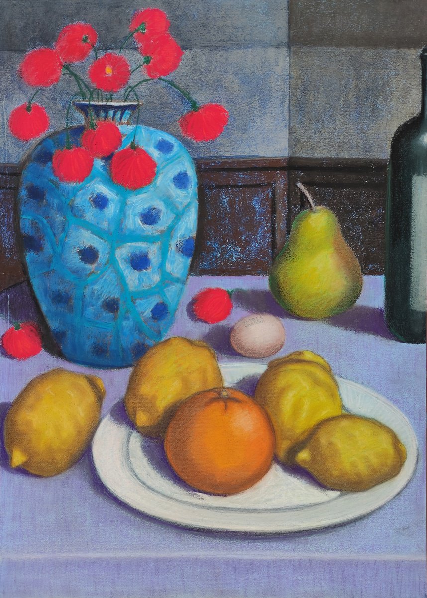 Impressionistic Still Life Pastel Drawing By Andrea Vandoni, 21 X 29, Italic Still Life 2, Original Artwork