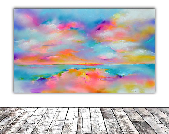 New Horizon 145 - 150x90 cm, Colourful Painting, Colourful Sunset Painting, Impressionistic Colorful Painting, Large Modern Ready to Hang Abstract Landscape, Pink Sunset, Sunrise, Ocean Shore