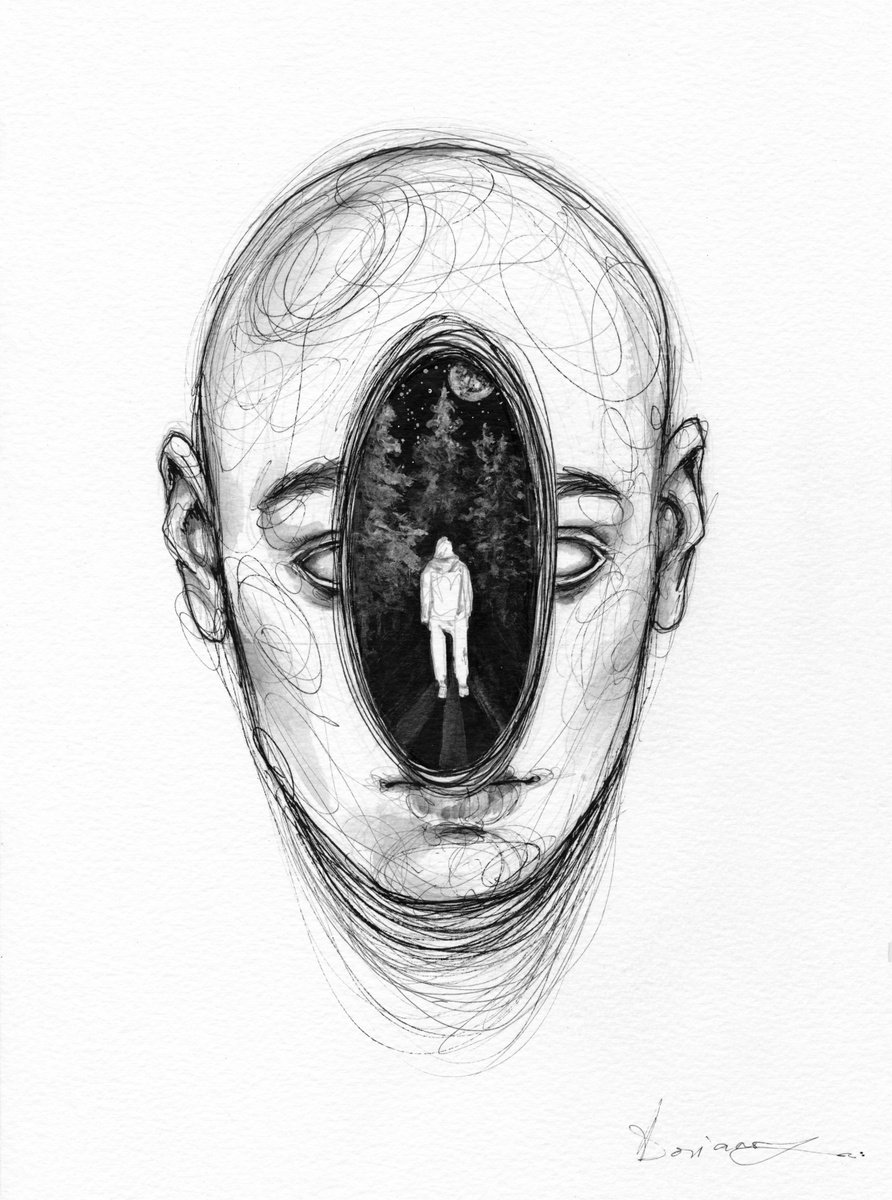 Expressive Portrait Ink Drawing By Doriana Popa, 8 X 11, Hike, Original Artwork