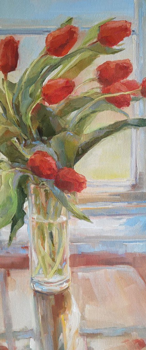 "Tulips", original one-of-a-kind, oil on canvas impressionistic style still life painting (18x24'') by Alexander Koltakov