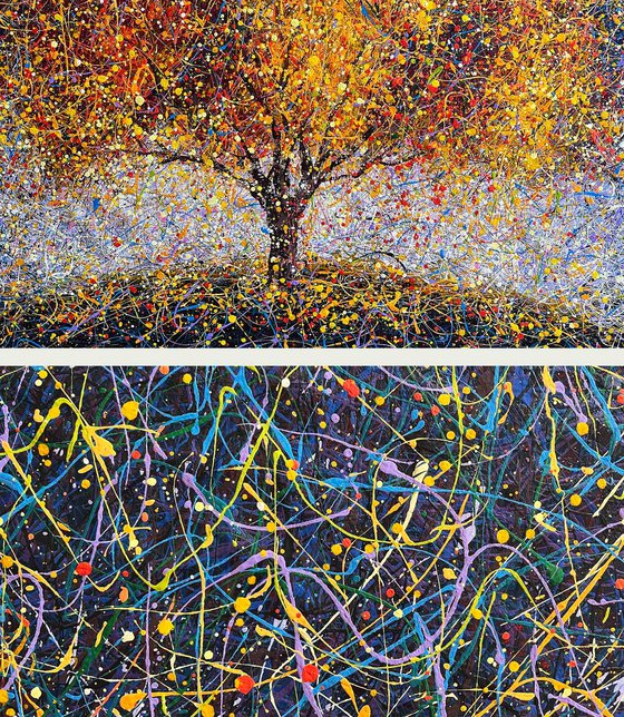Large tree abstract painting Be like a tree Sun Autumn modern art Yellow orange three abstraction