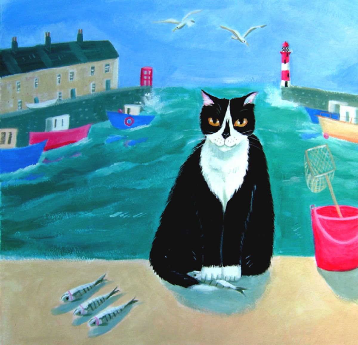 Cat in the harbour- cat painting by Mary Stubberfield