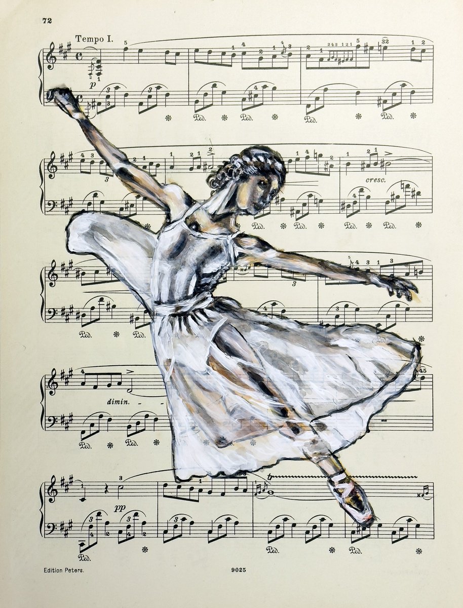 Expressive Portrait Collage By Misty Lady - M. Nierobisz, 9 X 12", Ballerina Lii - Music Page, Original Artwork