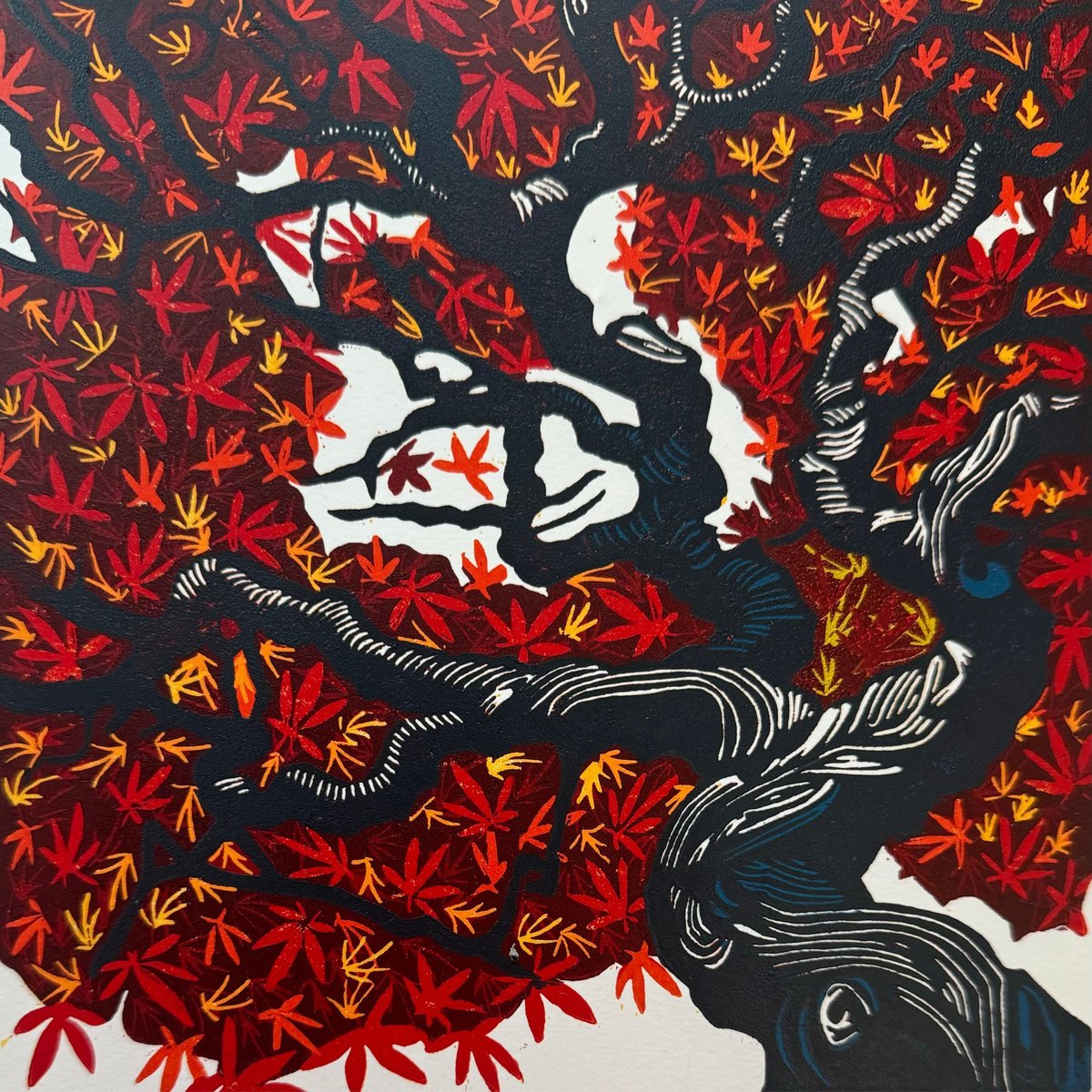 Impressionistic Botanical Linocut By Joanne Spencer, 8 X 8, Fire Tree, Original Artwork