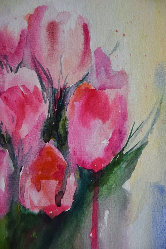 Pink tulips watercolor painting, flower wall art, floral bouquet gift for her