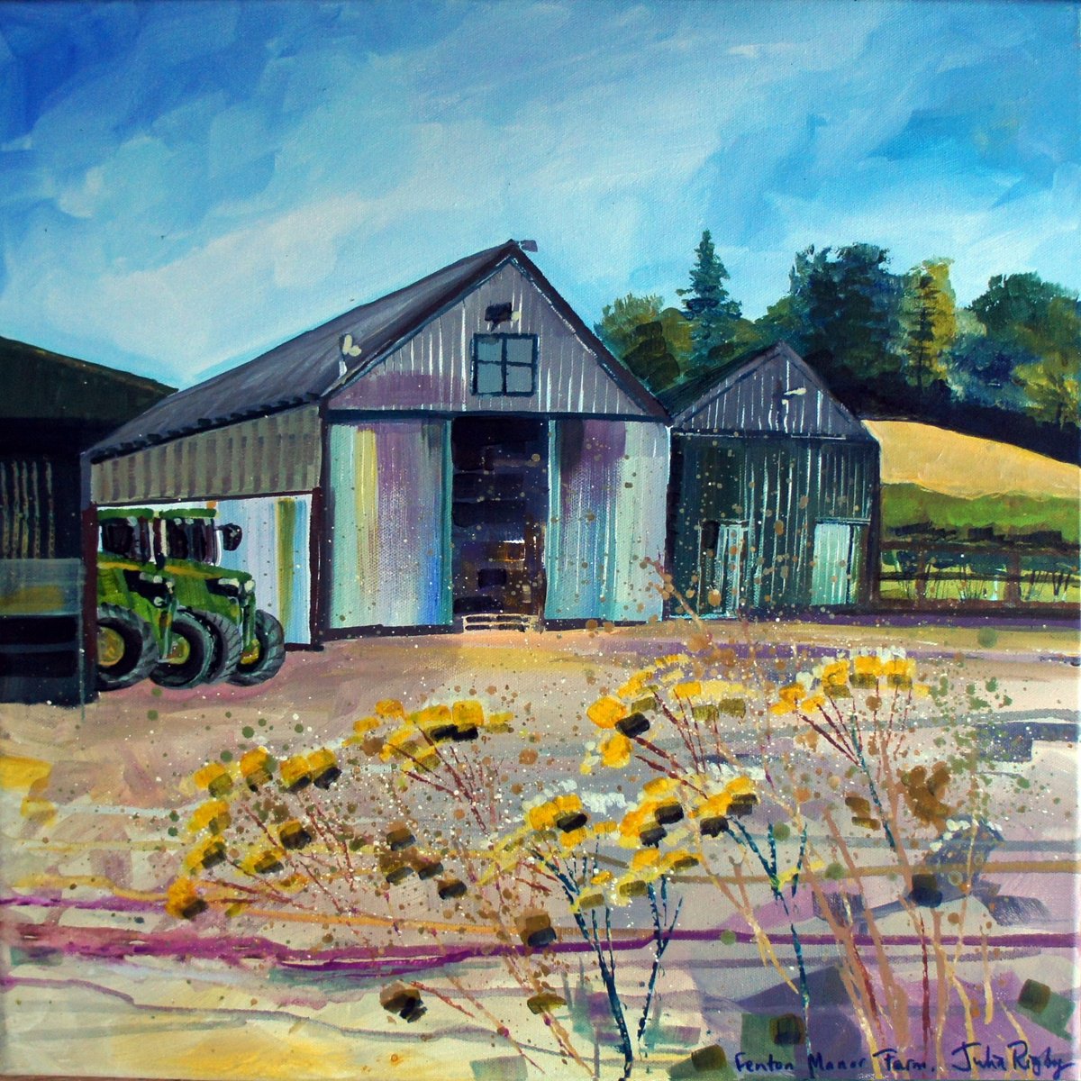 Impressionistic Landscape Acrylic Painting By Julia Rigby, 20 X 20", Farmyard, Original Artwork