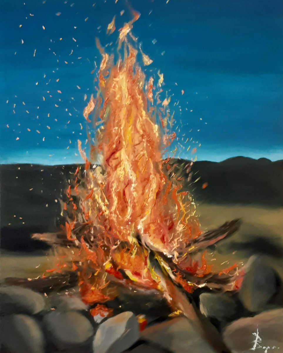 Fire Oil Painting - Campfire Original Painting - Camping Fire Landscape Oil Painting on Ca... by Veronika Joy