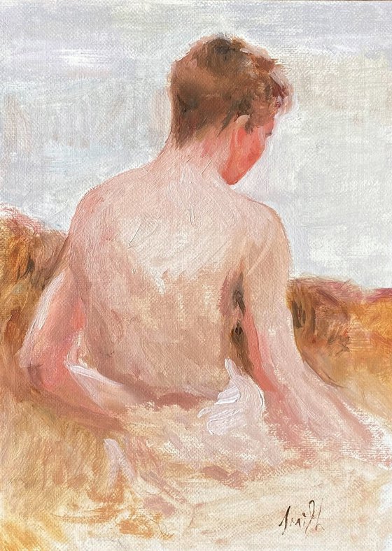 Impressionist style Male nude figure oil painting, with wooden frame.