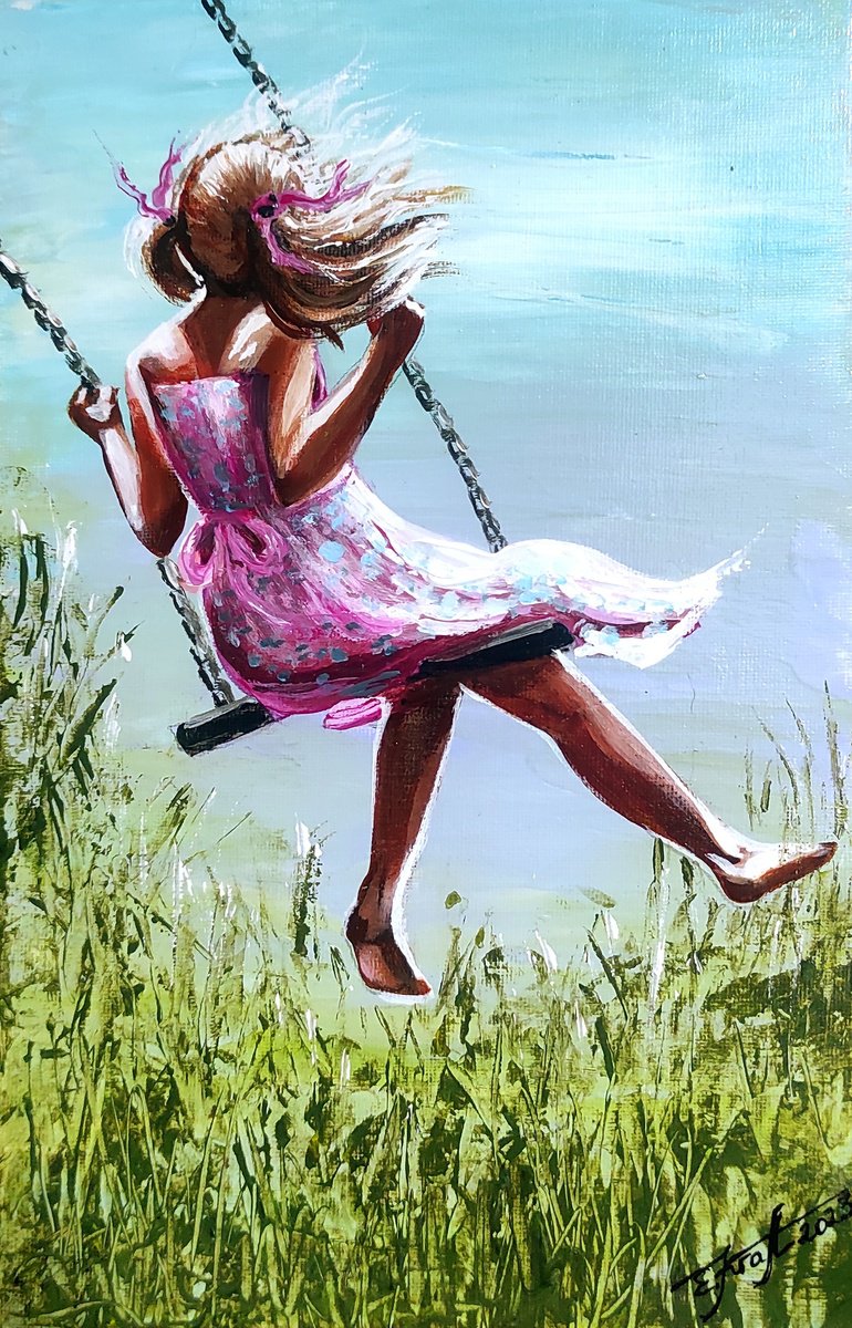 Expressive Portrait Acrylic Painting By Elena Kraft, 8 X 12, Summer Swing, Original Artwork