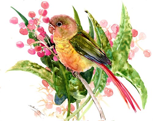 Pineapple Conure Parakeet and Tropical Foliage by Suren Nersisyan