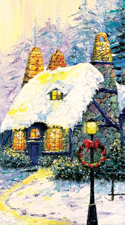 WINTER FAIRY TALE - House woods. Magic. Chimney. Spruce. Track. Light from window. Christmas. New Year. by Marina Skromova