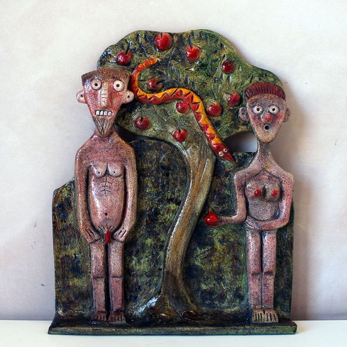 Adam & Eve Ceramic Plaque by Michael Woods