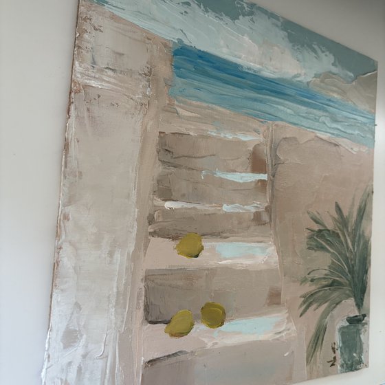 Mediterranean Seascape with lemons and palm