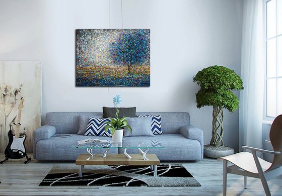 Blue white tree abstract Morning fog - READY TO HANG - 27" x 35" / 70 x 90cm.