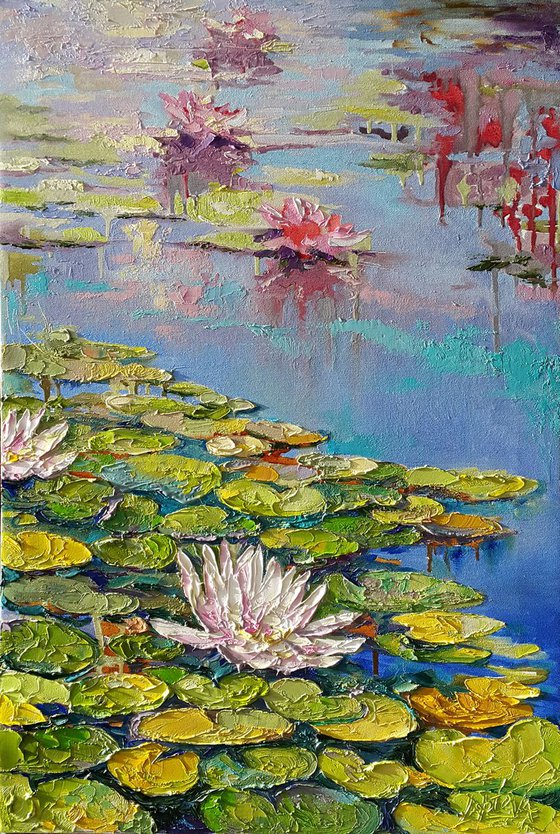 Water lilies - pond, lily, painting oil original impasto