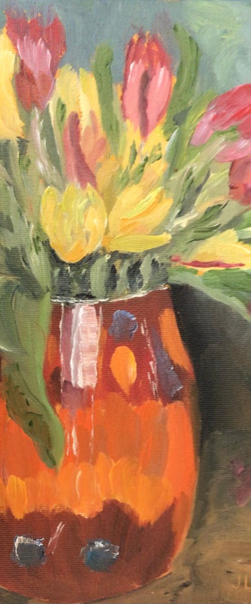 A vase of colourful tulips An original still life oil painting by Julian Lovegrove Art