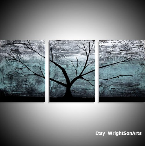 triptych multi color 3 panel wall art color turquoise black white impasto tree in wood "The Tree of life" turquoise edition 3 panel wall abstract canvas abstraction 48 x 20 " other sizes available by Stuart Wright