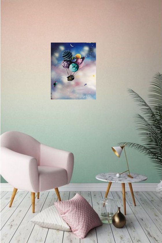 Fly High, original surreal painting, gift idea, art for home, room decor