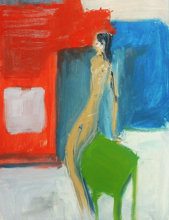 GIRL NUDE LEAN GREEN. Original Oil Figurative Painting. Varnished.
