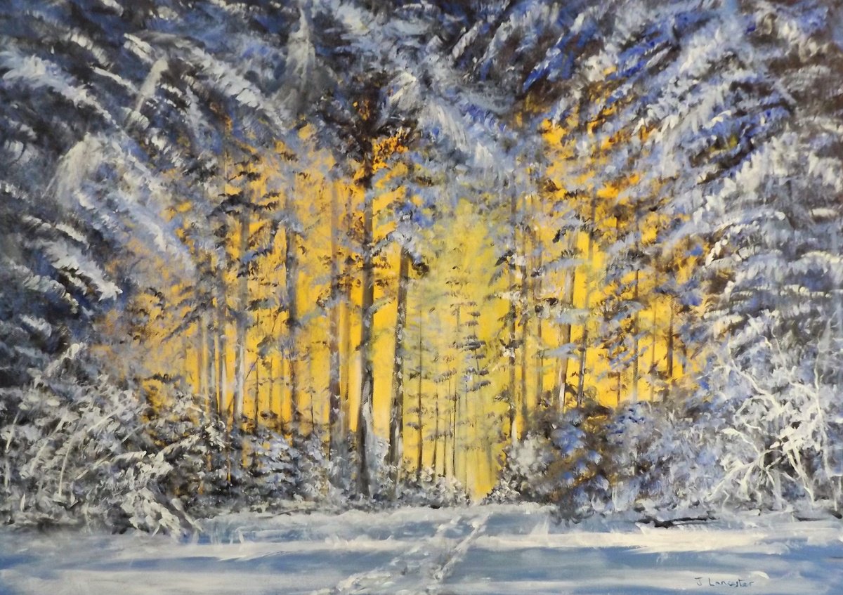 Impressionistic Landscape Acrylic Painting By James Lancaster, 27 X 20, Whispers Among Snow Clad Trees, Original Artwork