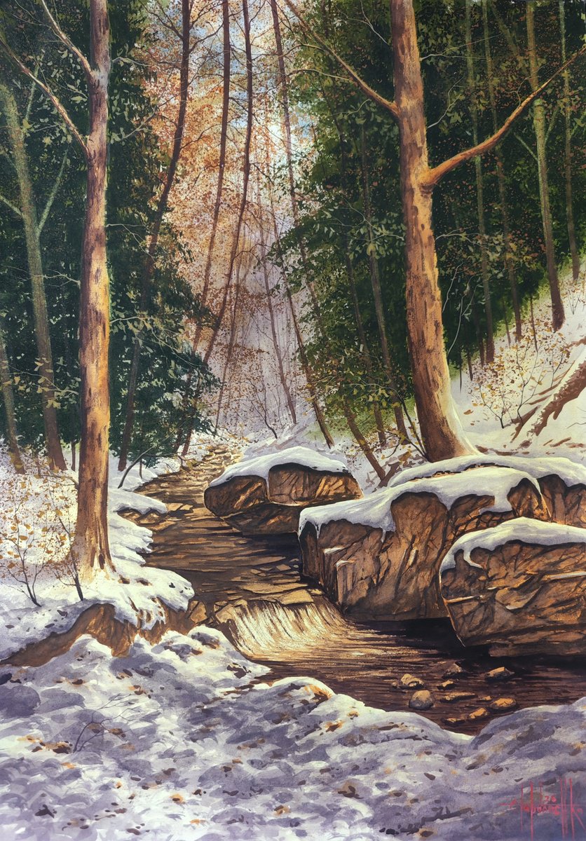 Photorealistic Watercolour , Mountain Stream By Eugene Gorbachenko, 20 X 28, Artwork For Sale On Artfinder