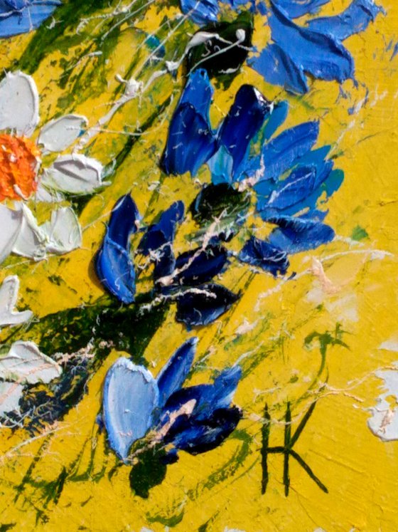 Chamomile Painting Original Oil Artwork Cornflowers Meadow Abstract Flowers Impasto Small Wall Art