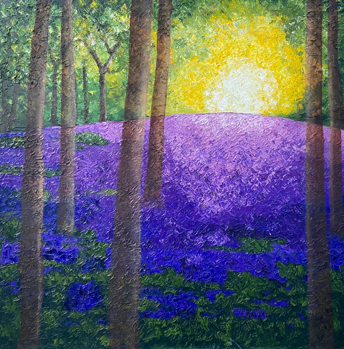 Impasto bluebell wood sunrise by Heather Matthews