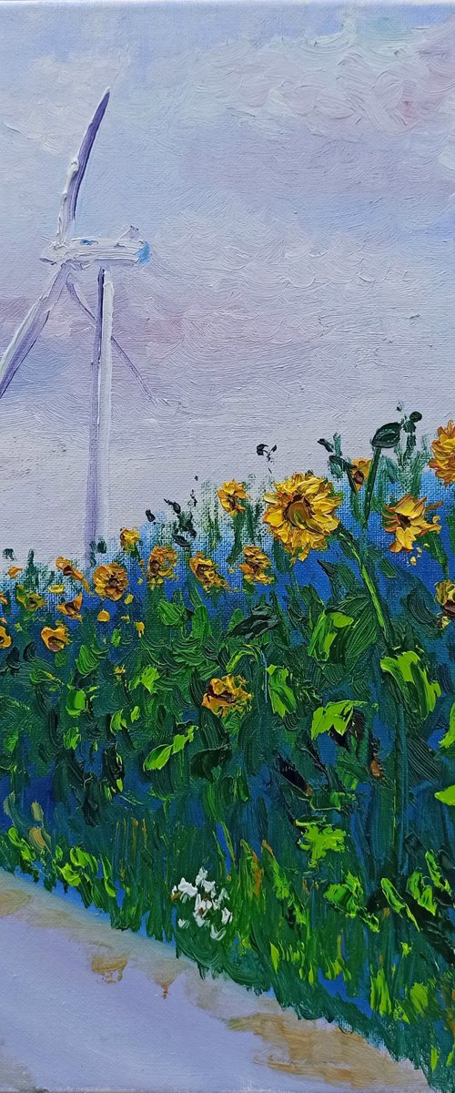Sunflowers and a contemporary windmill. Pleinair painting by Dmitry Fedorov