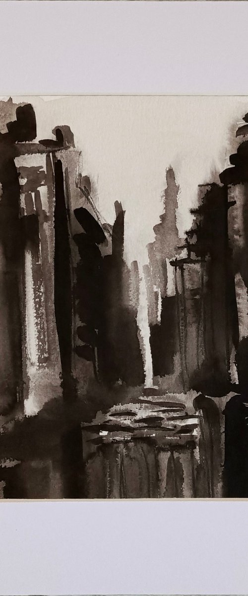 Ink Drawing Cityscape Night streets by Anastasia Art Line