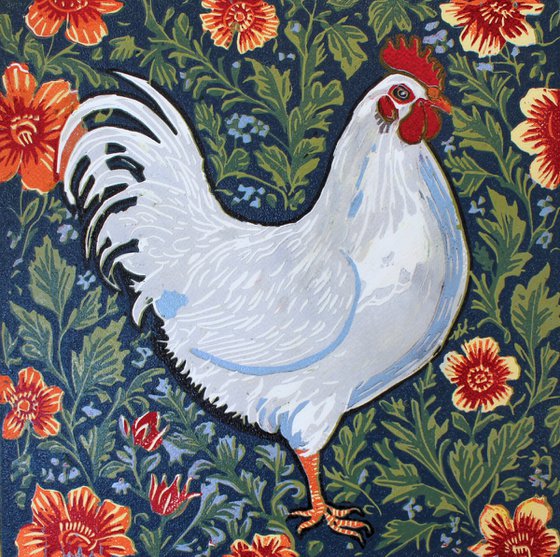 Hen – reduction linocut print