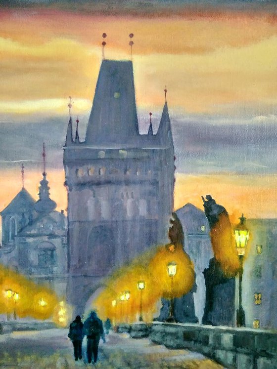 Twilight Prague Charles Bridge Original Oil Painting Couple Romantic Cityscape Lilac Orange