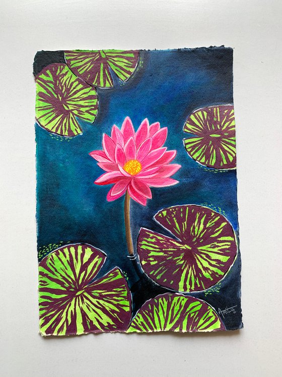 Pink Water lily on Indian handmade paper