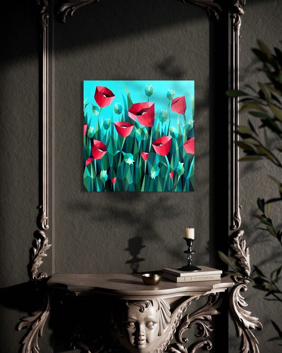 SCARLET POPPIES ON A TURQUOISE BACKGROUND