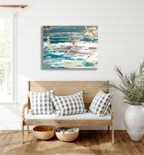 Cold Sea, Abstract Painting Turquoise White Grey Wall Art Abstract Seascape Artwork 90x70 cm ready to hang