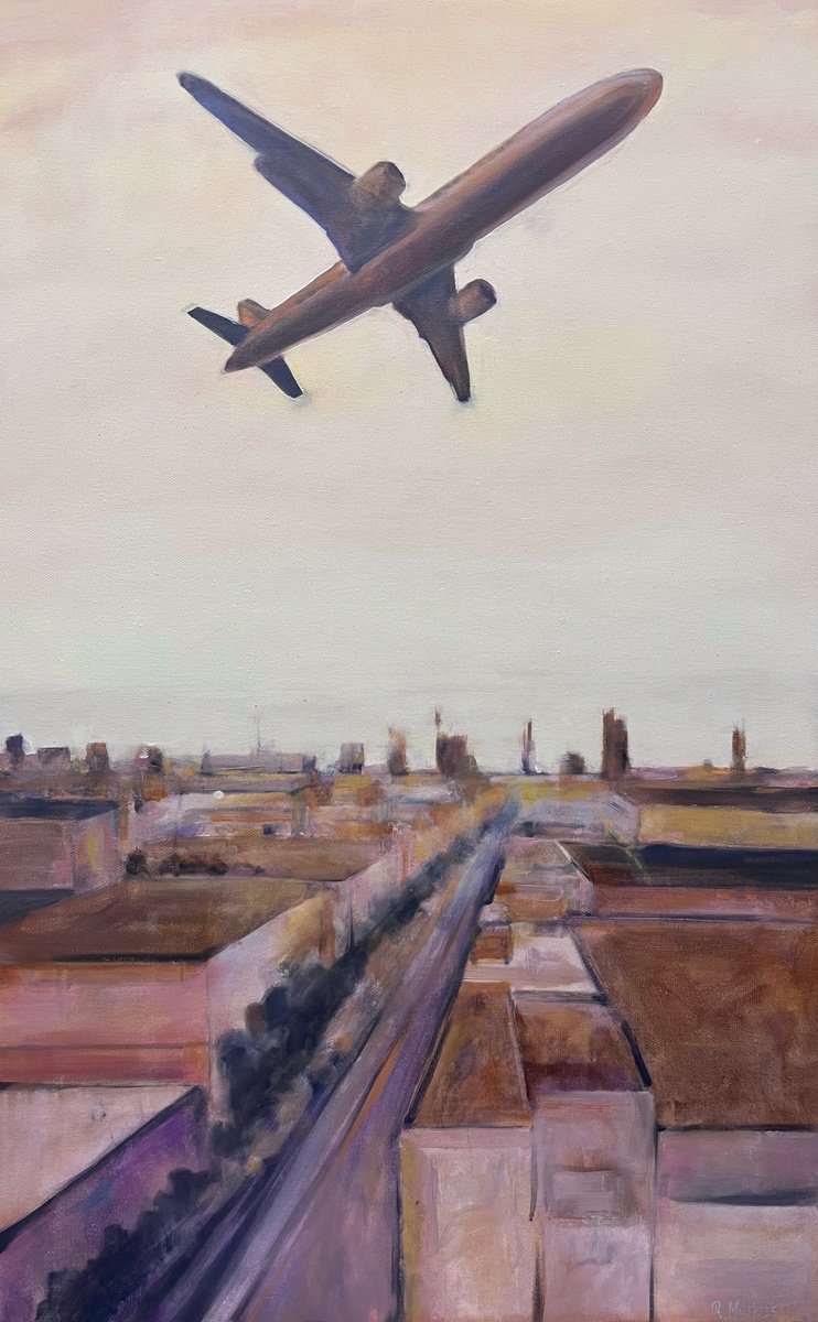 Expressive Abstract Oil Painting By Romuald Mulk Musiolik, 20 X 31", Afternoon Flight, Original Artwork