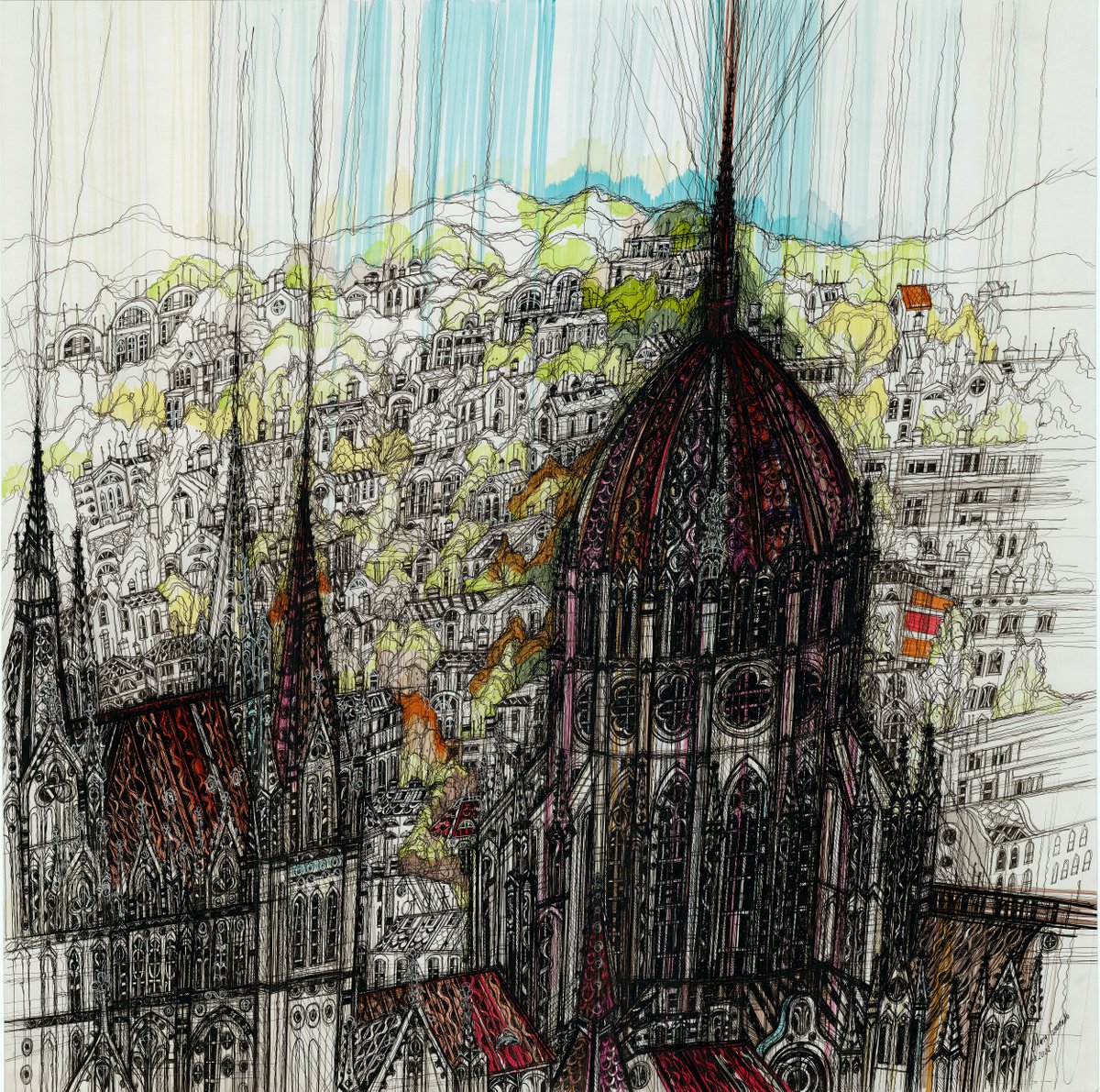 Impressionistic Cityscapes Drawing By Maria Susarenko, 33 X 33", Budapest Cityscape, Original Artwork